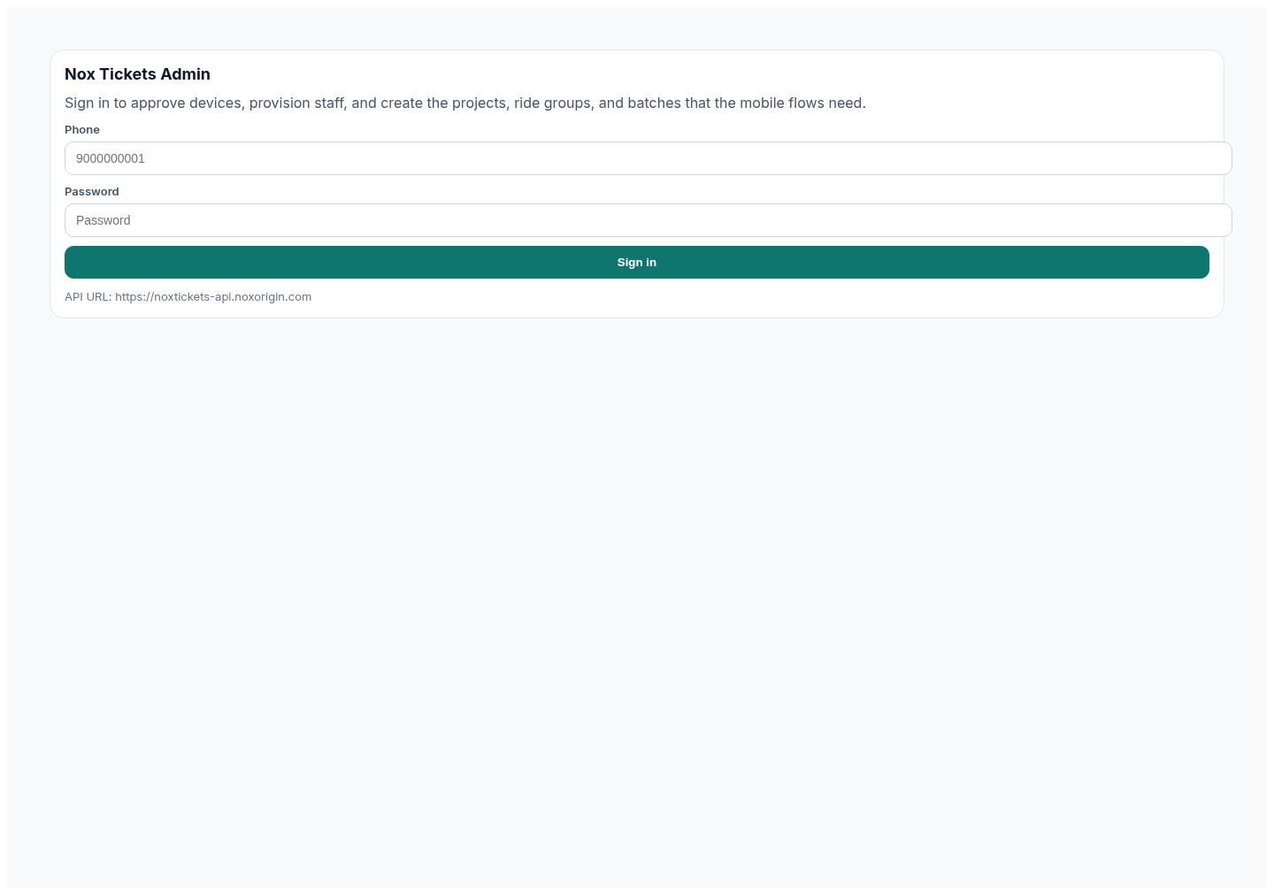 Redacted Nox-Tickets administration sign-in screen