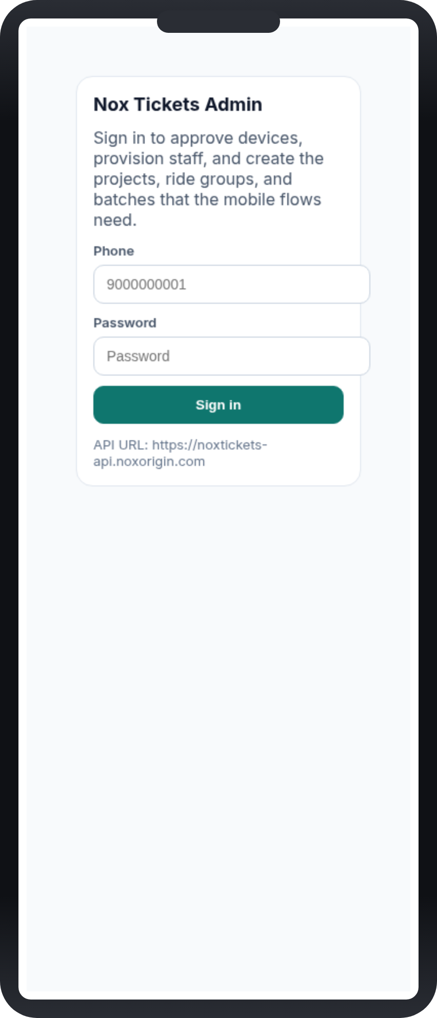 Nox-Tickets mobile admin sign-in in a phone frame