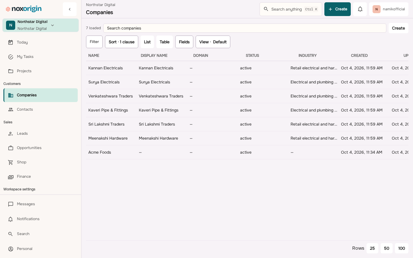 NoxOrigin Companies workspace listing customer records in the unified application.
