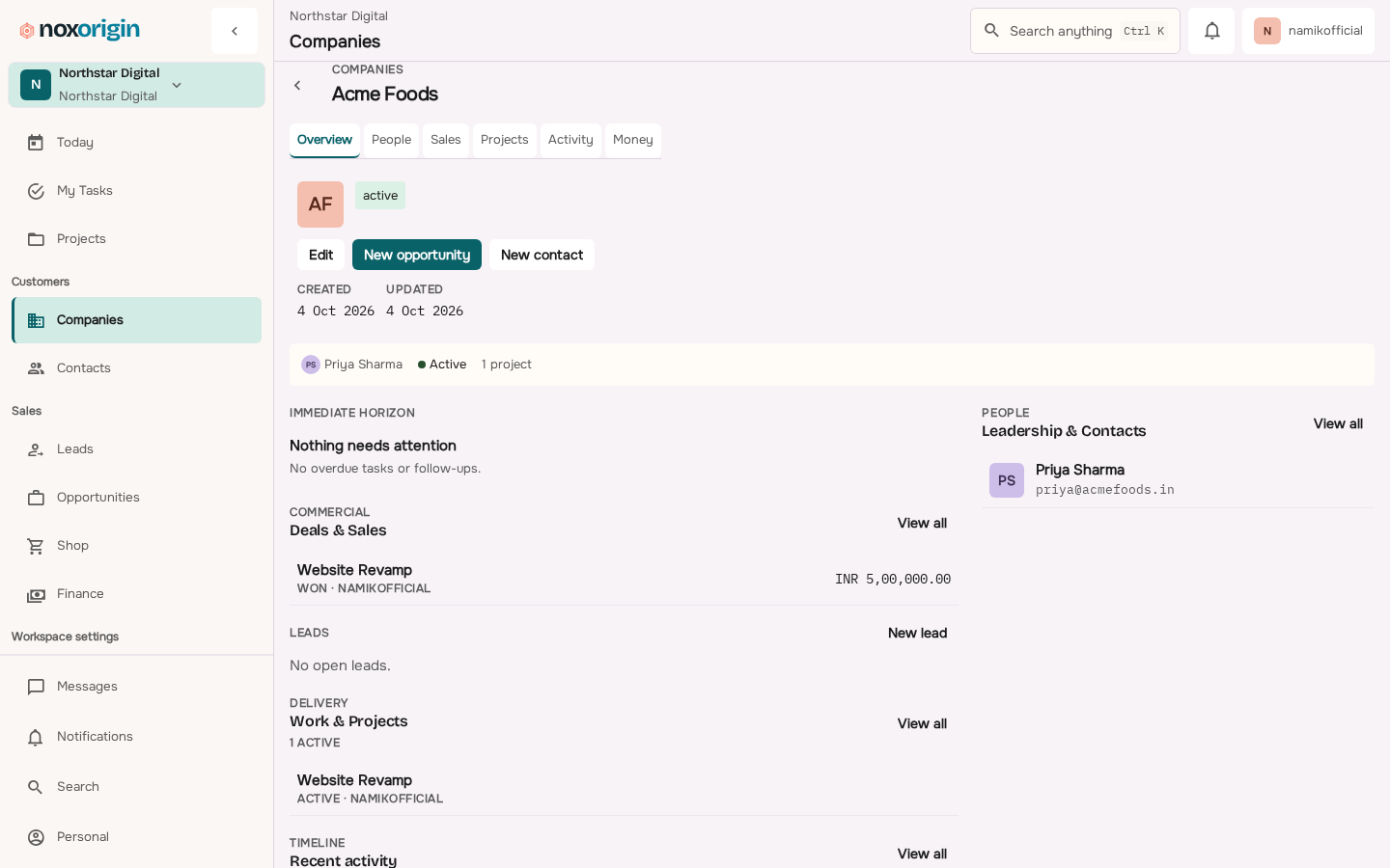 NoxOrigin company detail record showing contacts, deals, projects, activity and money for a single customer.