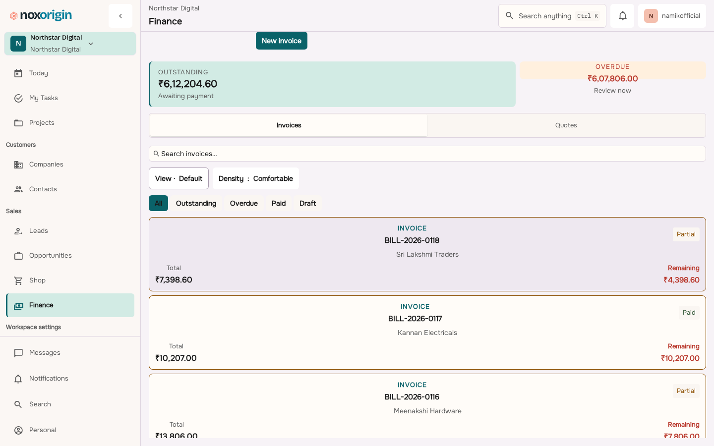 NoxOrigin Finance workspace with outstanding value, invoices, quotes, filters and payment state.
