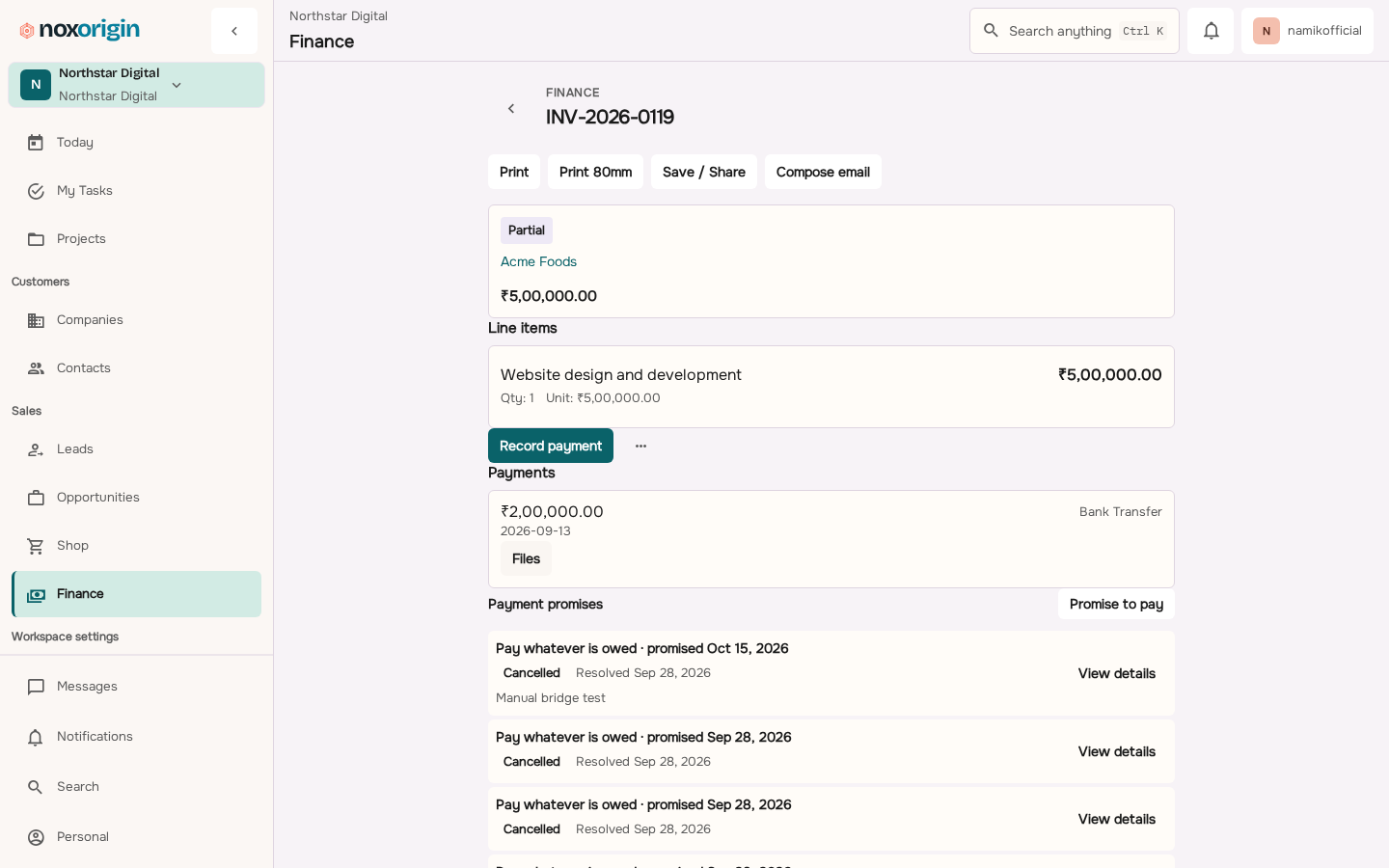 NoxOrigin invoice detail showing the invoice number, customer, line items, recorded payment and payment promises.