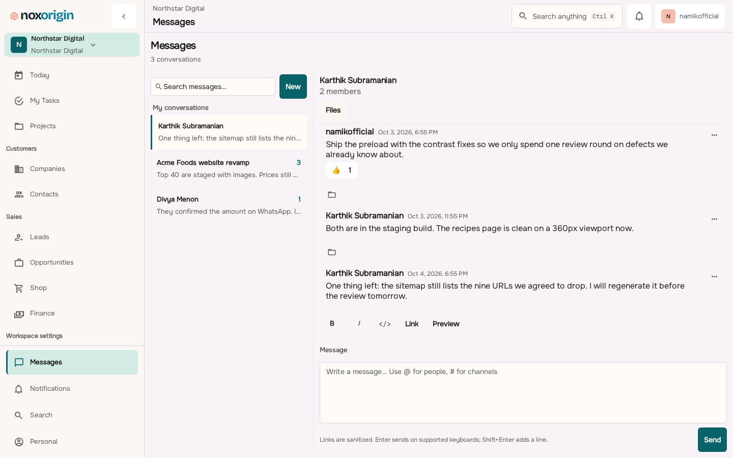 NoxOrigin Messages workspace showing a conversation list and the active conversation thread.