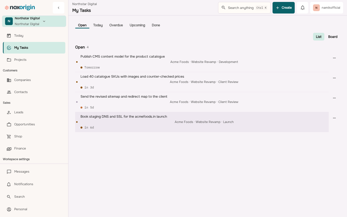 NoxOrigin My Tasks workspace showing assigned operational work for the signed-in member.
