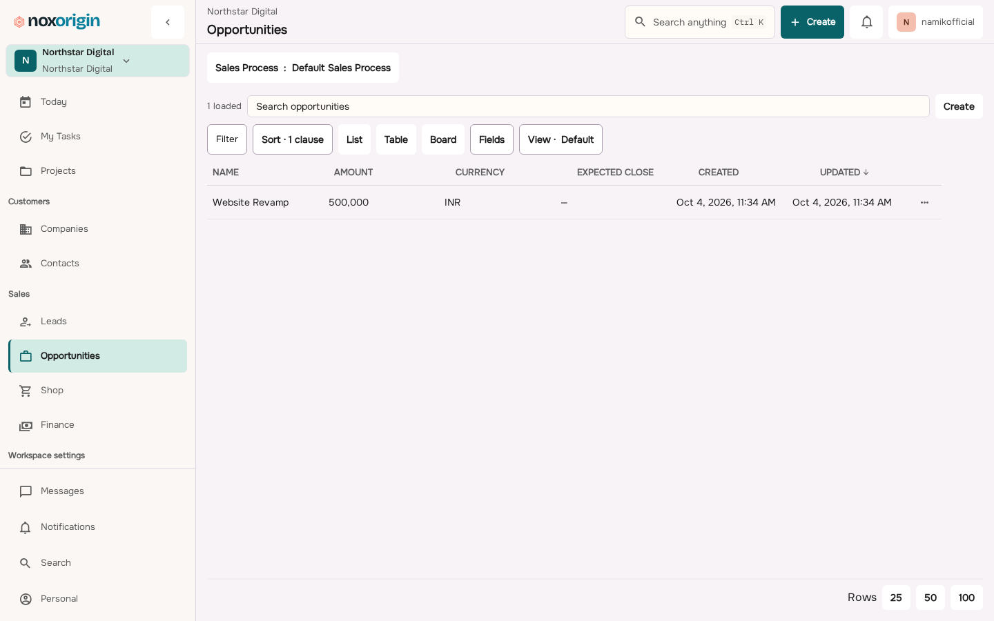 NoxOrigin Opportunities workspace showing deals with owner, sales stage and next action.