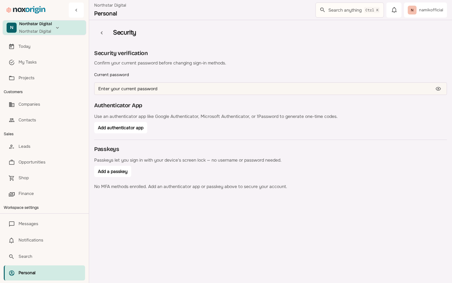 NoxOrigin profile security screen showing session and credential controls for the signed-in member.