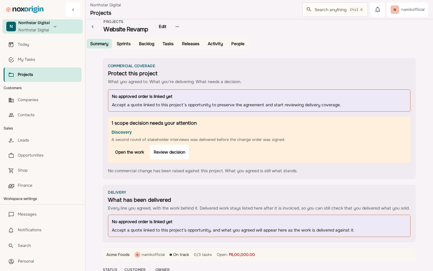 NoxOrigin project detail record showing scope, members, tasks and associated commercial value.