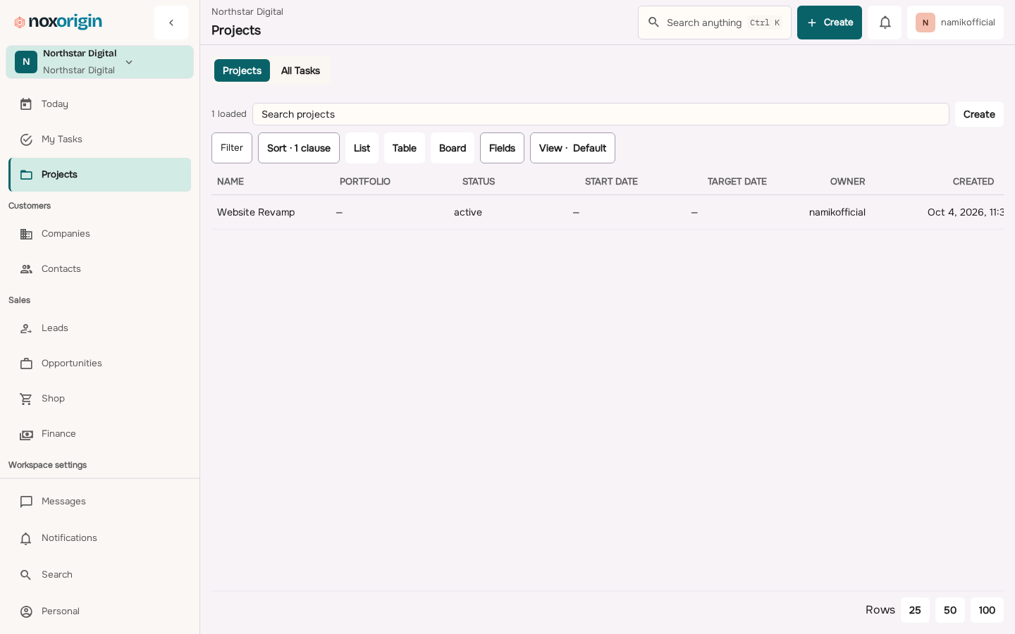 NoxOrigin Projects workspace showing delivery records with their client and commercial context.
