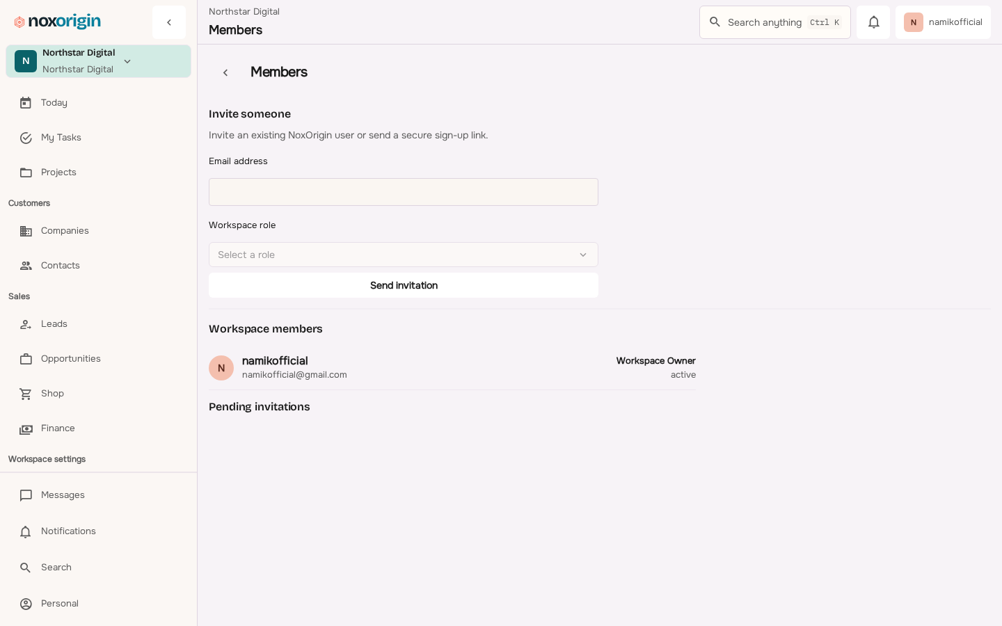 NoxOrigin settings Members screen listing workspace members and their assigned roles.