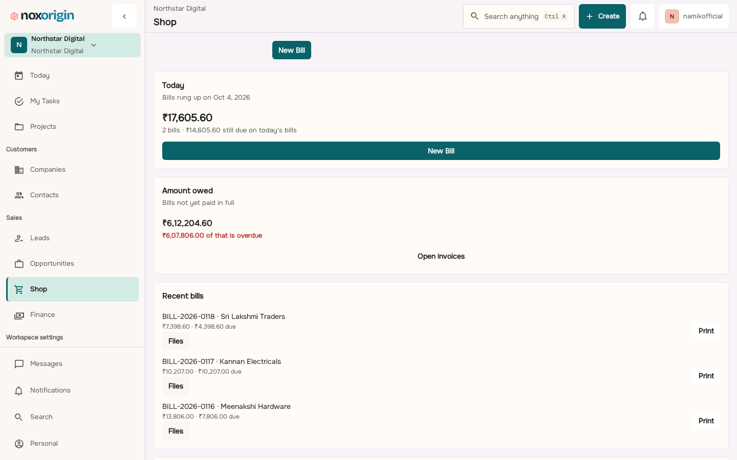 NoxOrigin Shop home showing sales, stock and credit summary for the trading workspace.