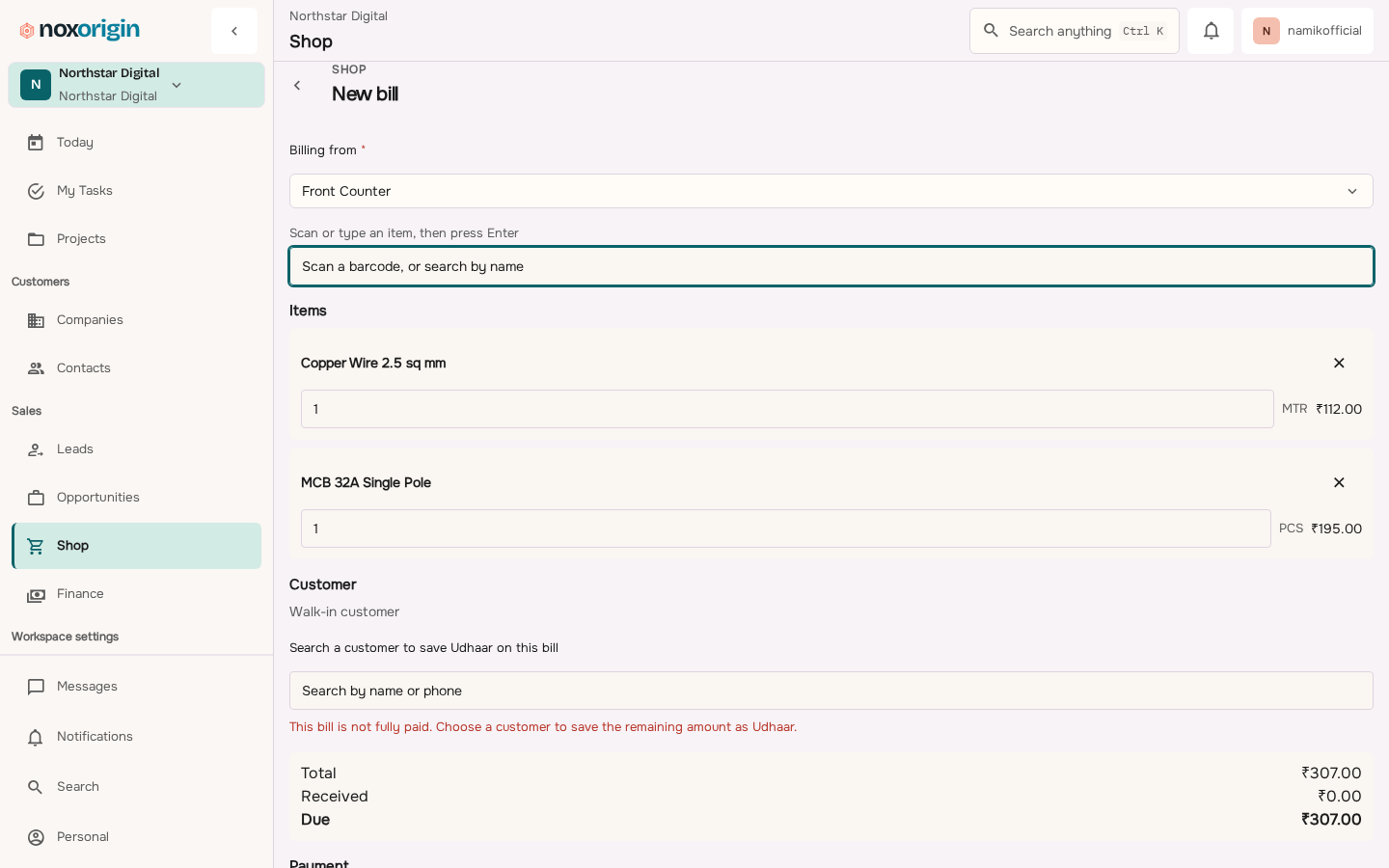 NoxOrigin Shop new-bill screen with the product picker, active sale and totals.