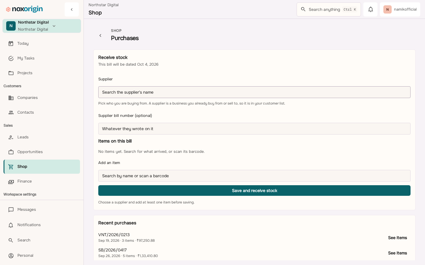 NoxOrigin Shop purchases workspace listing recorded purchase documents and their effect on stock.