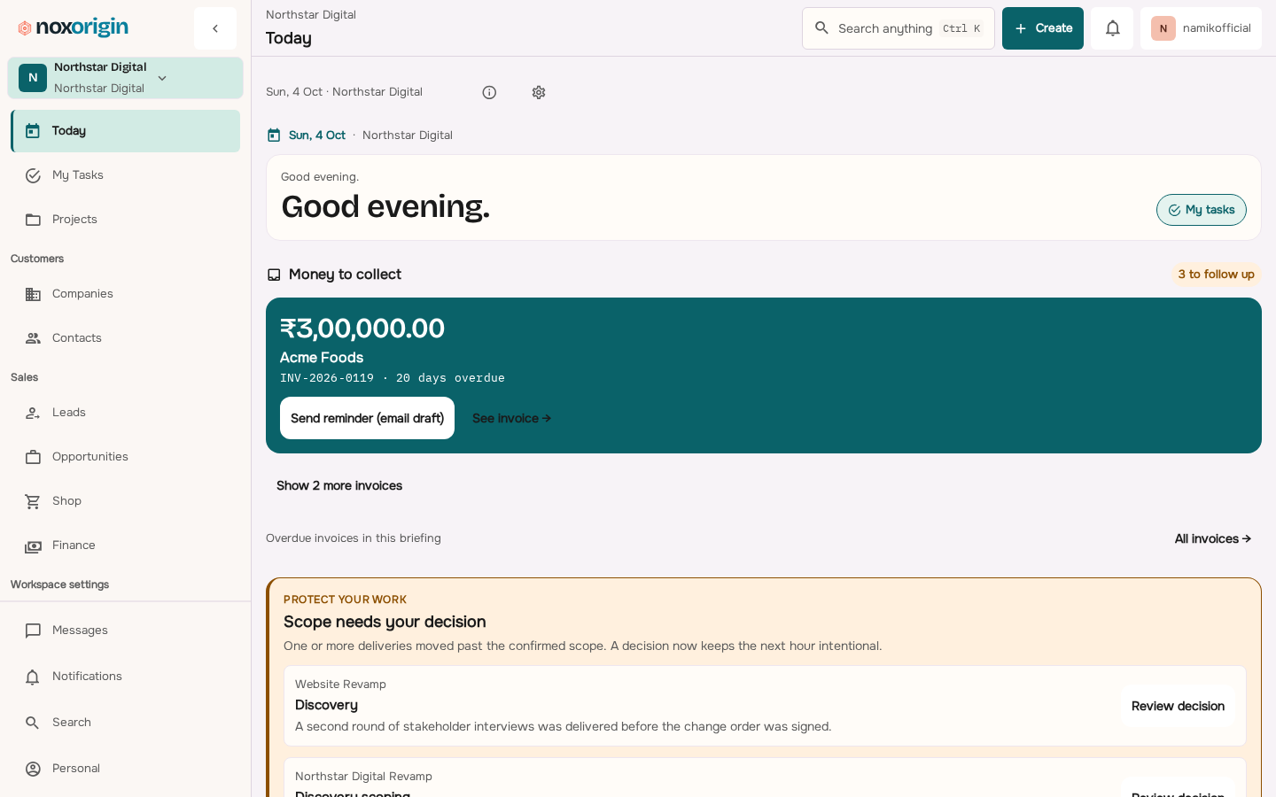 NoxOrigin Today workspace showing money to collect, a scope decision that needs review, and completed work mapped to commercial scope ready to bill.